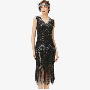 NEW Black Flapper 1920s V Neck Beaded Fringed Great Gatsby Dress L